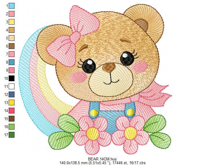Baby Girl Bear with rainbow embroidery designs - Female Teddy machine embroidery pattern - Instant digital download pes jef dst hus vp3 xxx