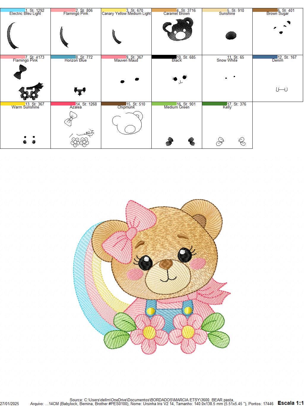Baby Girl Bear with rainbow embroidery designs - Female Teddy machine embroidery pattern - Instant digital download pes jef dst hus vp3 xxx
