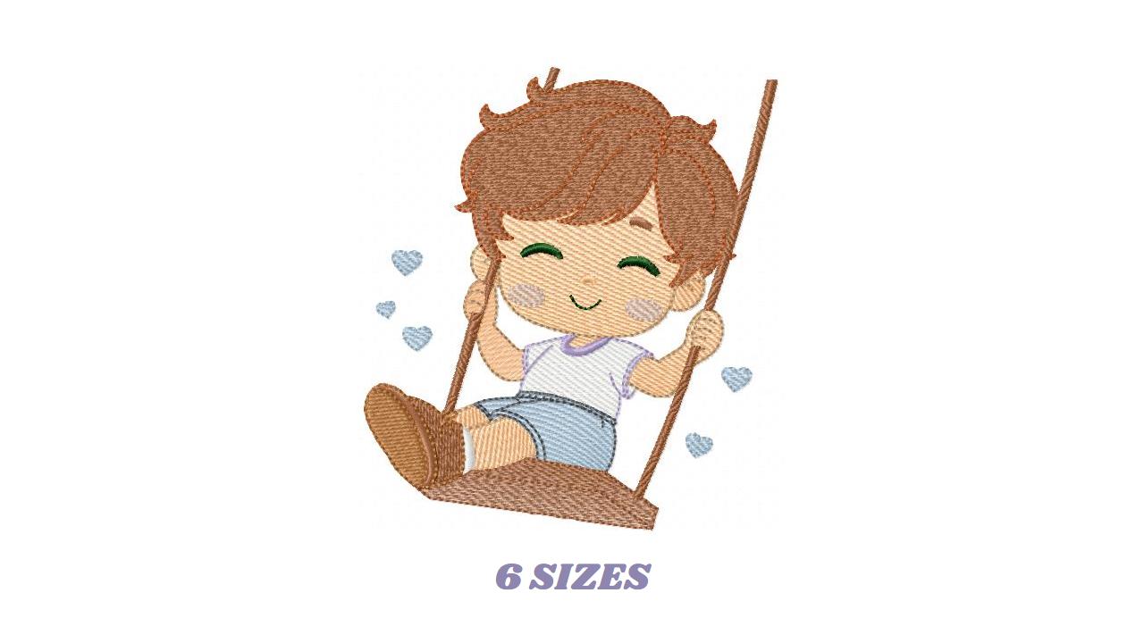 School Boy embroidery designs - Children playing machine embroidery pattern - Boy on swing with hearts file - Instant digital download pes