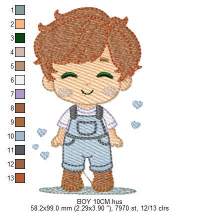 Boy with overall embroidery design - Children machine embroidery pattern - Baby Boy Kid with hearts file - Instant download pes jef dst hus