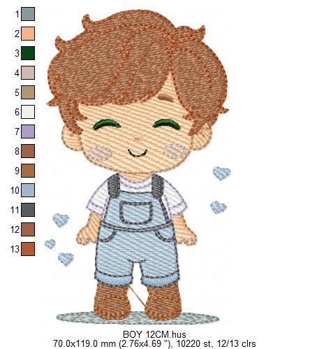 Boy with overall embroidery design - Children machine embroidery pattern - Baby Boy Kid with hearts file - Instant download pes jef dst hus