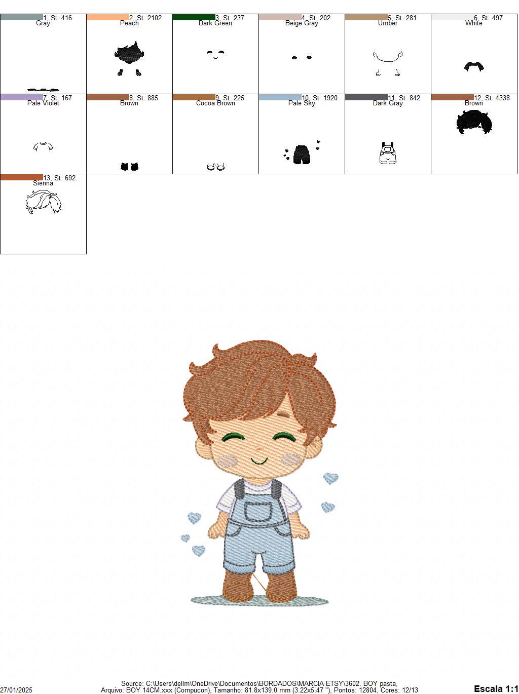 Boy with overall embroidery design - Children machine embroidery pattern - Baby Boy Kid with hearts file - Instant download pes jef dst hus