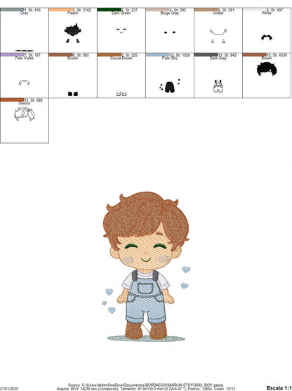 Boy with overall embroidery design - Children machine embroidery pattern - Baby Boy Kid with hearts file - Instant download pes jef dst hus