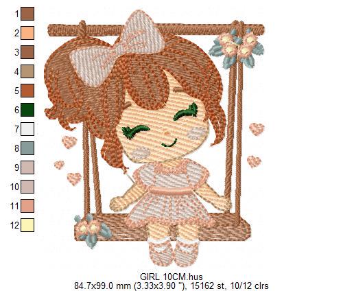School Girl embroidery designs - Children playing machine embroidery pattern - Girl on swing with hearts file - Instant digital download pes