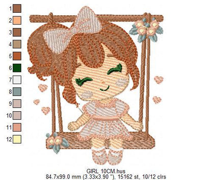 School Girl embroidery designs - Children playing machine embroidery pattern - Girl on swing with hearts file - Instant digital download pes