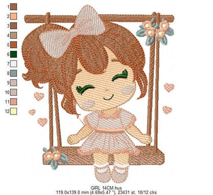School Girl embroidery designs - Children playing machine embroidery pattern - Girl on swing with hearts file - Instant digital download pes