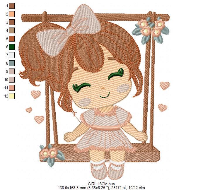 School Girl embroidery designs - Children playing machine embroidery pattern - Girl on swing with hearts file - Instant digital download pes