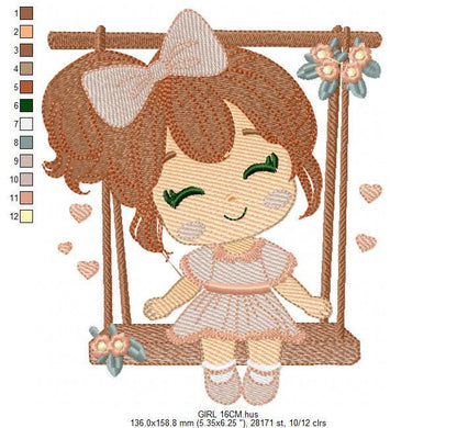 School Girl embroidery designs - Children playing machine embroidery pattern - Girl on swing with hearts file - Instant digital download pes