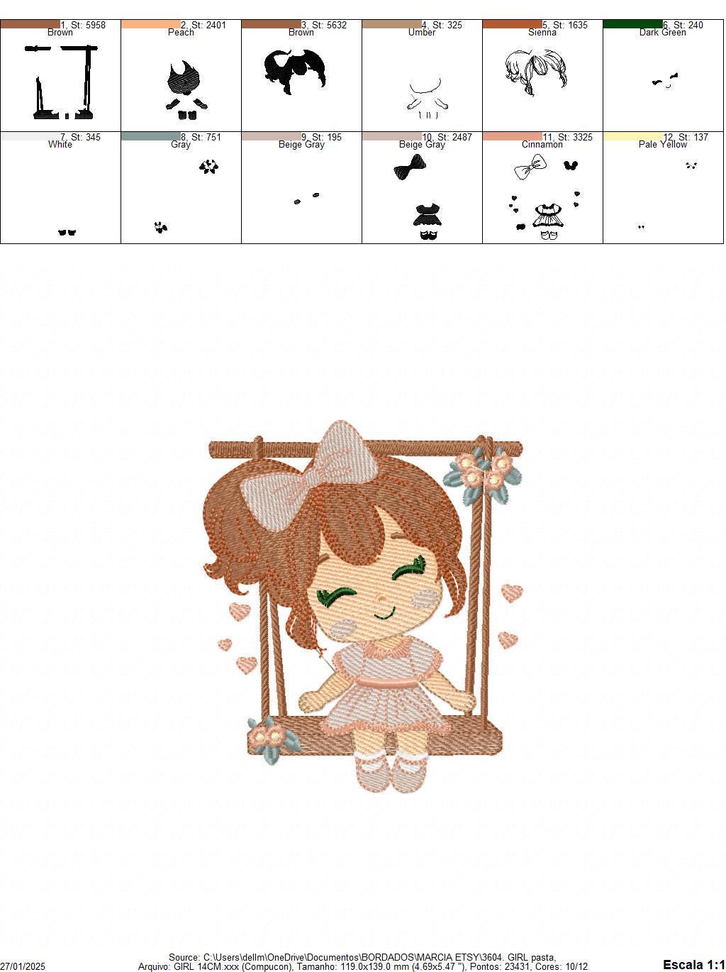 School Girl embroidery designs - Children playing machine embroidery pattern - Girl on swing with hearts file - Instant digital download pes