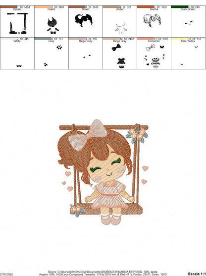 School Girl embroidery designs - Children playing machine embroidery pattern - Girl on swing with hearts file - Instant digital download pes