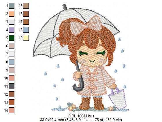 Baby girl with umbrella embroidery design - Girl in the rain machine embroidery pattern - Raining weather winter file - Instant download pes
