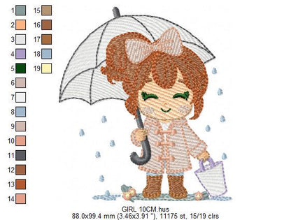 Baby girl with umbrella embroidery design - Girl in the rain machine embroidery pattern - Raining weather winter file - Instant download pes