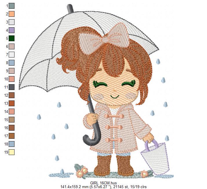 Baby girl with umbrella embroidery design - Girl in the rain machine embroidery pattern - Raining weather winter file - Instant download pes
