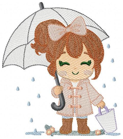 Baby girl with umbrella embroidery design - Girl in the rain machine embroidery pattern - Raining weather winter file - Instant download pes