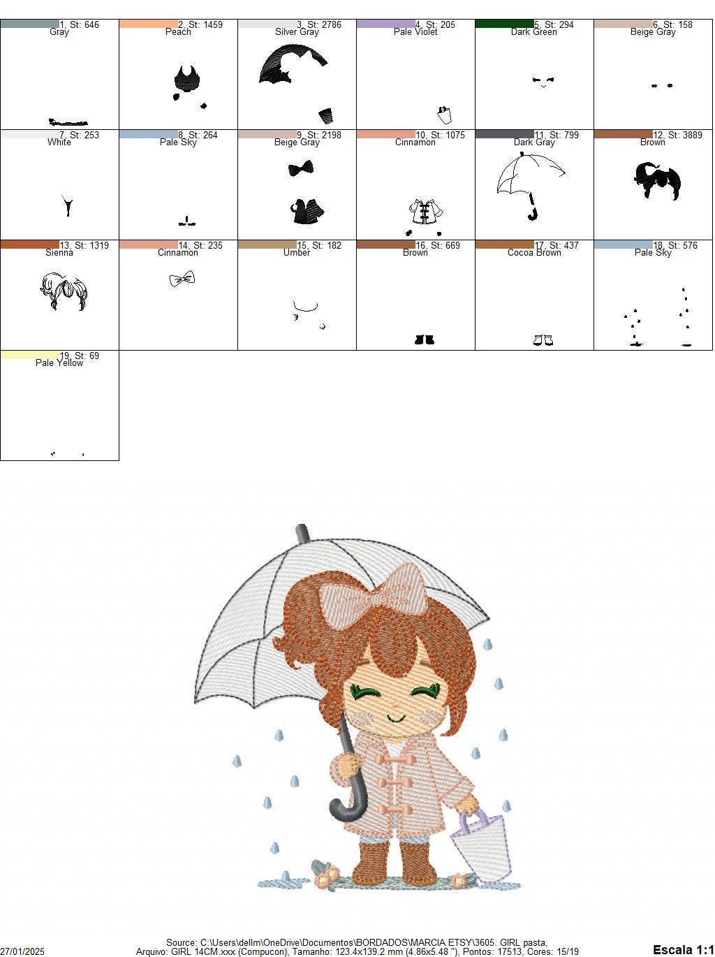 Baby girl with umbrella embroidery design - Girl in the rain machine embroidery pattern - Raining weather winter file - Instant download pes