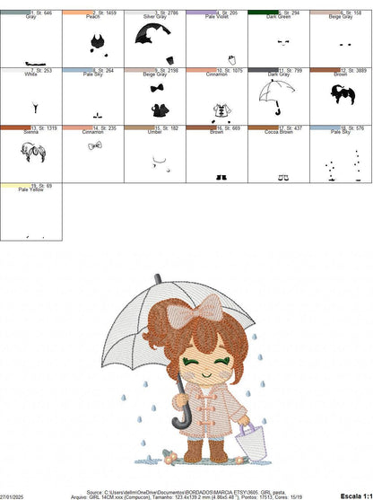 Baby girl with umbrella embroidery design - Girl in the rain machine embroidery pattern - Raining weather winter file - Instant download pes