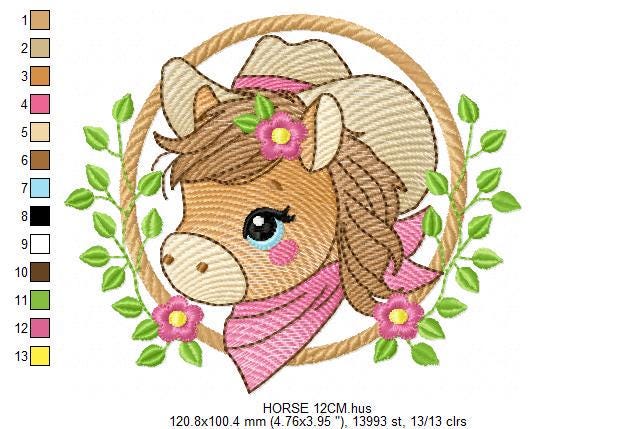 Horse embroidery design - Ranch Farm animals machine embroidery pattern - Baby Girl Cowgirl Horse with hat and bandana - Instant download