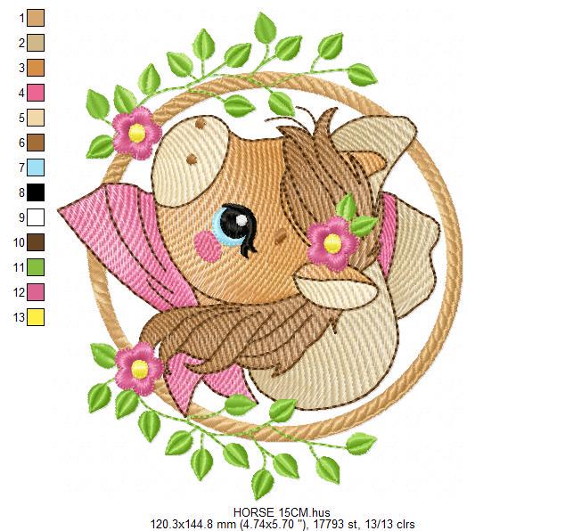 Horse embroidery design - Ranch Farm animals machine embroidery pattern - Baby Girl Cowgirl Horse with hat and bandana - Instant download