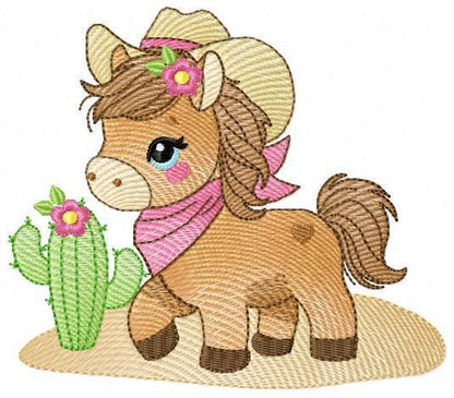 Horse embroidery design - Ranch Farm animal machine embroidery pattern - Cowgirl Horse with hat bandana flowers cactus - Instant download
