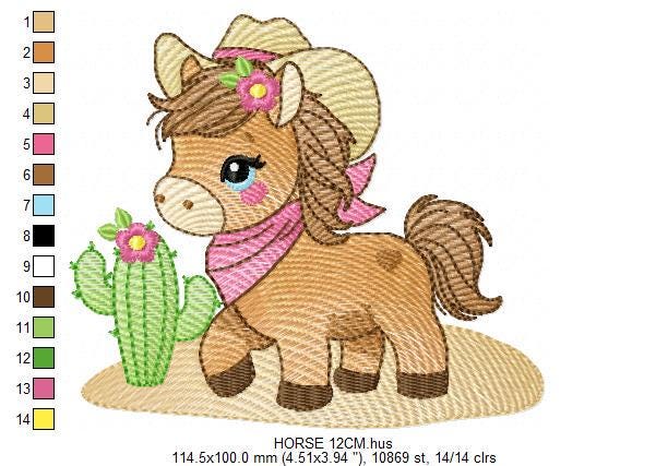 Horse embroidery design - Ranch Farm animal machine embroidery pattern - Cowgirl Horse with hat bandana flowers cactus - Instant download