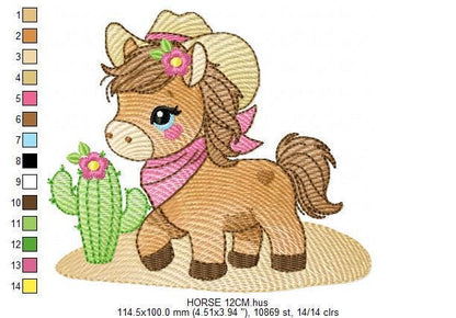 Horse embroidery design - Ranch Farm animal machine embroidery pattern - Cowgirl Horse with hat bandana flowers cactus - Instant download