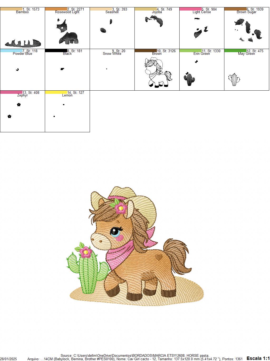 Horse embroidery design - Ranch Farm animal machine embroidery pattern - Cowgirl Horse with hat bandana flowers cactus - Instant download