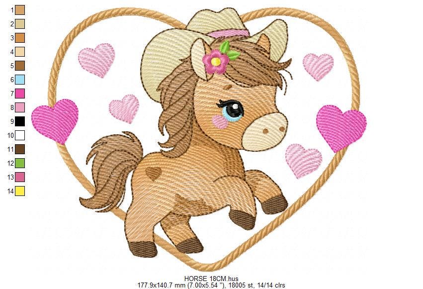 Horse embroidery design - Ranch Farm Animals machine embroidery pattern - Cowgirl Horse with hat and flowers file - Instant download pes jef