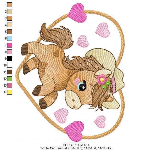 Horse embroidery design - Ranch Farm Animals machine embroidery pattern - Cowgirl Horse with hat and flowers file - Instant download pes jef