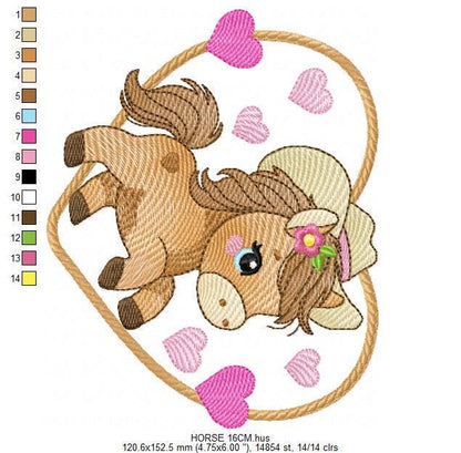 Horse embroidery design - Ranch Farm Animals machine embroidery pattern - Cowgirl Horse with hat and flowers file - Instant download pes jef