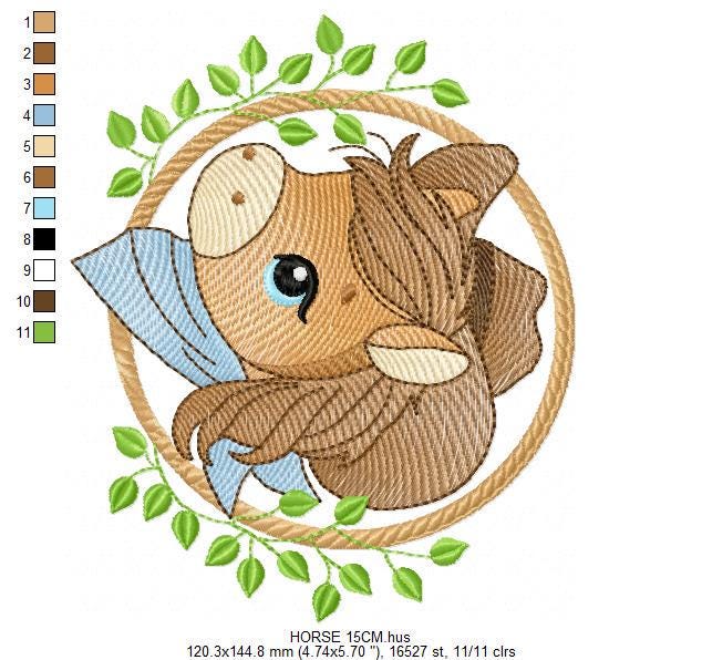 Cowboy Horse embroidery design - Farm animal machine embroidery pattern - Baby Boy Horse with hat and bandana file - Instant download pes
