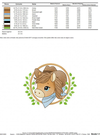 Cowboy Horse embroidery design - Farm animal machine embroidery pattern - Baby Boy Horse with hat and bandana file - Instant download pes