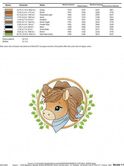 Cowboy Horse embroidery design - Farm animal machine embroidery pattern - Baby Boy Horse with hat and bandana file - Instant download pes