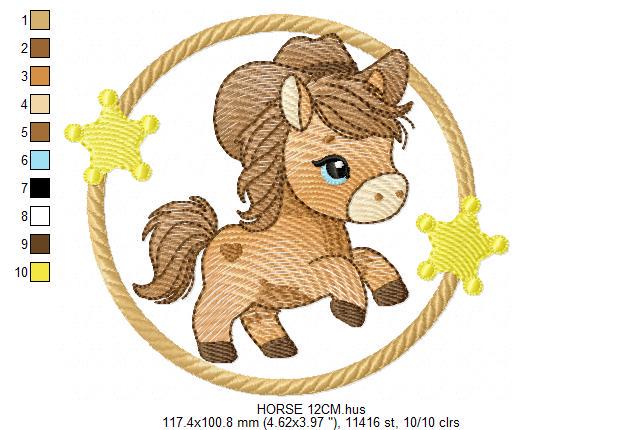 Horse embroidery design - Ranch Farm Animal machine embroidery pattern - Cowboy Horse with hat bandana and frame file - Instant download pes