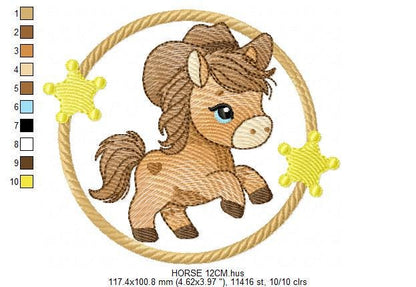 Horse embroidery design - Ranch Farm Animal machine embroidery pattern - Cowboy Horse with hat bandana and frame file - Instant download pes