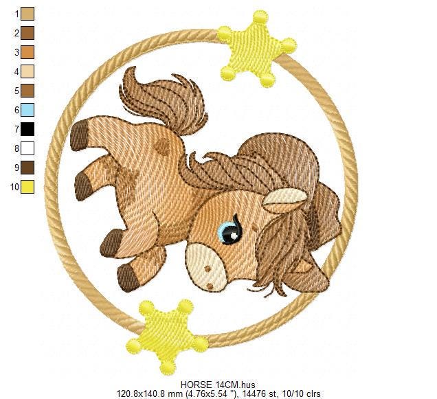 Horse embroidery design - Ranch Farm Animal machine embroidery pattern - Cowboy Horse with hat bandana and frame file - Instant download pes