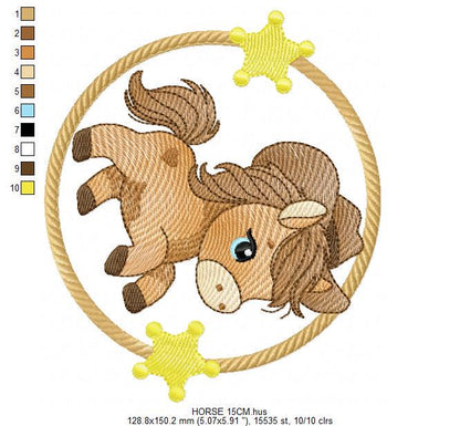 Horse embroidery design - Ranch Farm Animal machine embroidery pattern - Cowboy Horse with hat bandana and frame file - Instant download pes