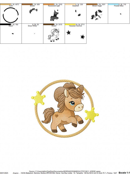 Horse embroidery design - Ranch Farm Animal machine embroidery pattern - Cowboy Horse with hat bandana and frame file - Instant download pes