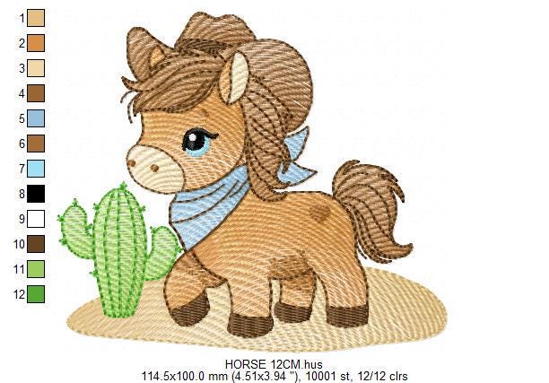 Horse embroidery design - Farm ranch animal machine embroidery pattern - Cowboy Horse with hat and bandana file - Instant download pes jef