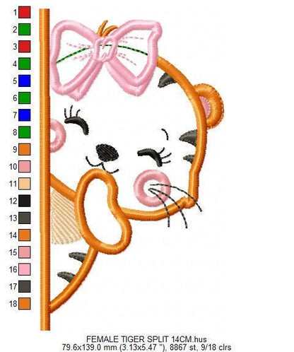 Peek a boo Female Tiger split embroidery design - Forest animal with lace machine embroidery pattern - Tiger applique - Instant download pes