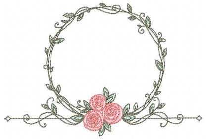 Monogram Frame with roses embroidery designs - Flower laurel wreath machine embroidery pattern - Kitchen tea towel file - Instant download