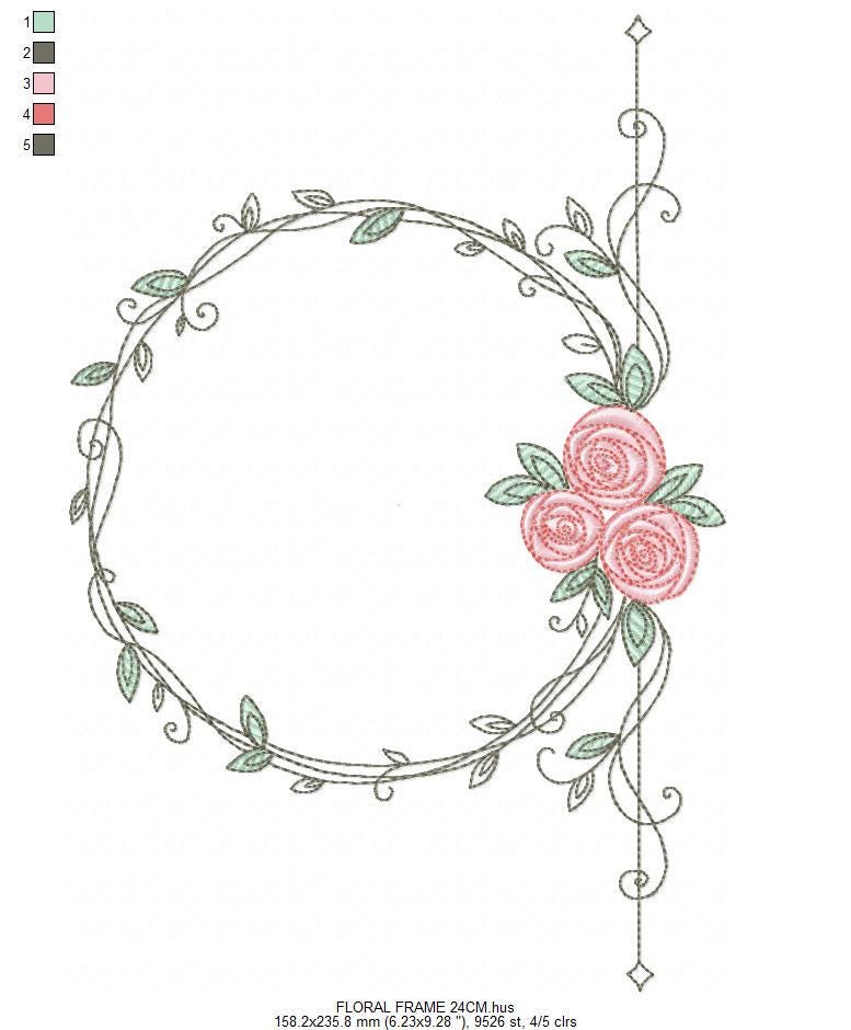 Monogram Frame with roses embroidery designs - Flower laurel wreath machine embroidery pattern - Kitchen tea towel file - Instant download