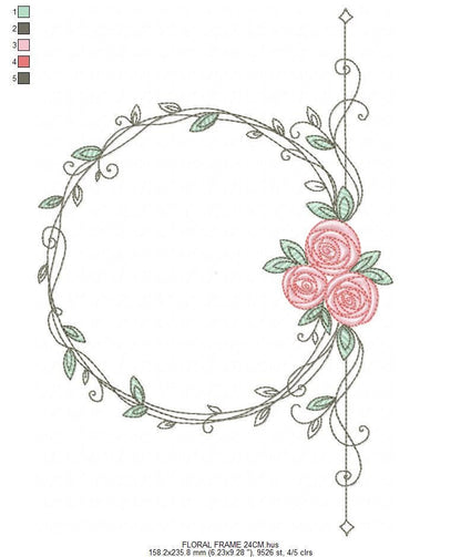 Monogram Frame with roses embroidery designs - Flower laurel wreath machine embroidery pattern - Kitchen tea towel file - Instant download