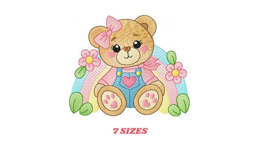 Bear with rainbow and flowers embroidery designs - Female Teddy Bear machine embroidery pattern - Baby Girl file - Instant download pes jef