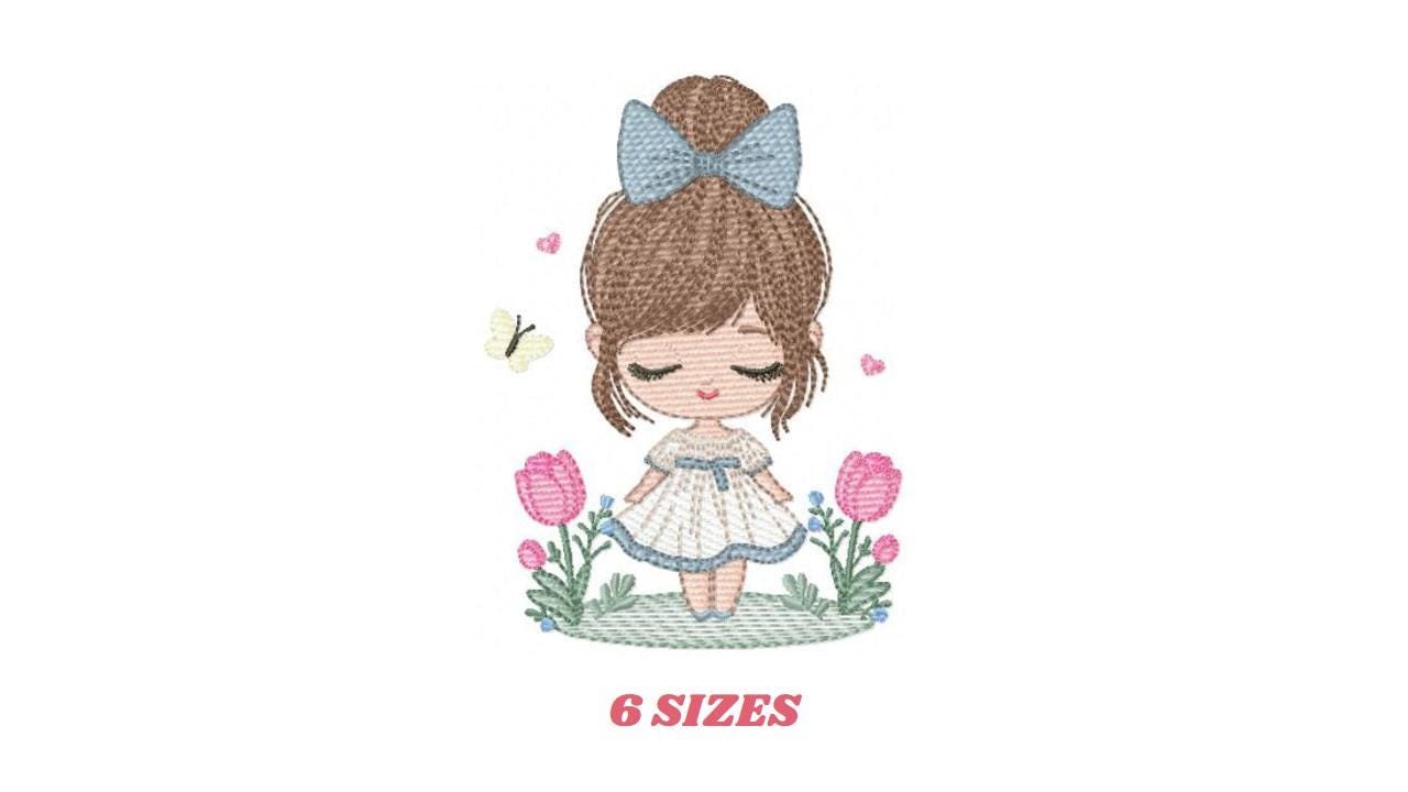 Girl embroidery designs - Baby girl with lace and flowers machine embroidery pattern - Girl with long hair - Instant download pes jef dst