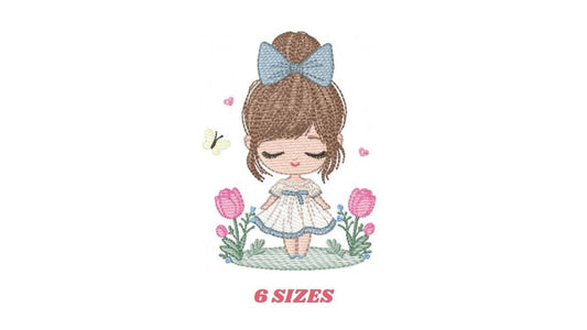 Girl embroidery designs - Baby girl with lace and flowers machine embroidery pattern - Girl with long hair - Instant download pes jef dst