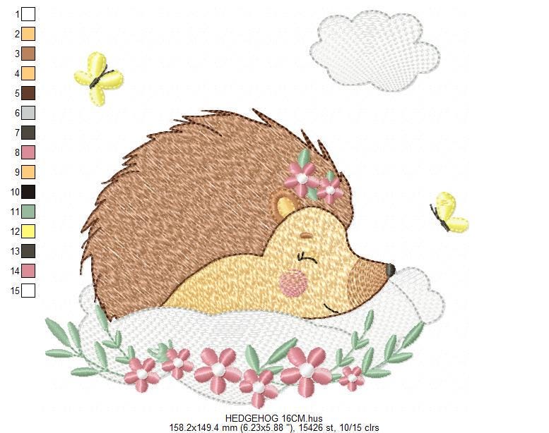 Sleeping Hedgehog embroidery designs - Woodland Female Animal with flowers machine embroidery pattern - Porcupine file - Instant download