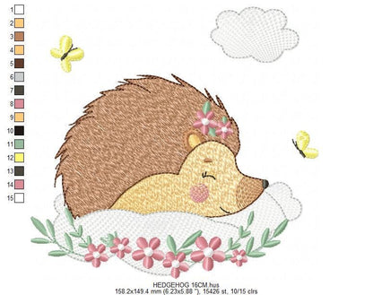 Sleeping Hedgehog embroidery designs - Woodland Female Animal with flowers machine embroidery pattern - Porcupine file - Instant download