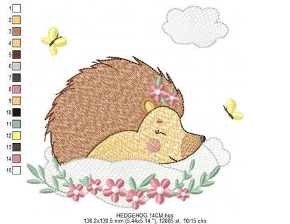 Sleeping Hedgehog embroidery designs - Woodland Female Animal with flowers machine embroidery pattern - Porcupine file - Instant download
