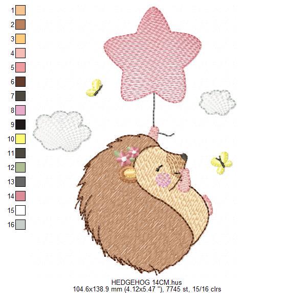 Hedgehog embroidery designs - Woodland Animal machine pattern - Baby Girl Porcupine with star Balloon file - Instant download pes jef dst