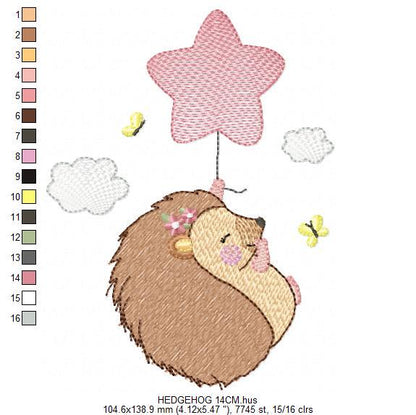 Hedgehog embroidery designs - Woodland Animal machine pattern - Baby Girl Porcupine with star Balloon file - Instant download pes jef dst